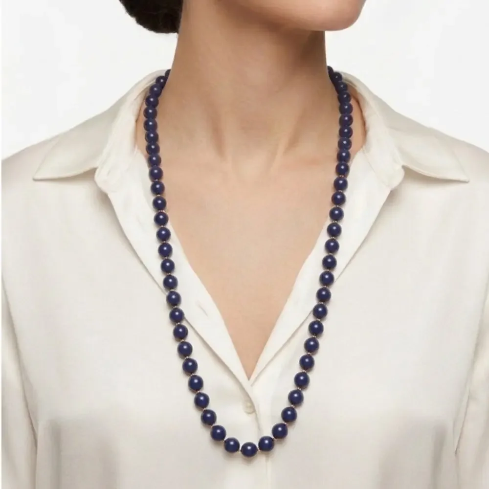 Vintage Navy Blue Beaded Necklace 28 Inch Strand Gold Tone Clasp Classic